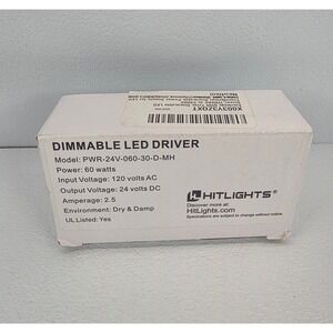 HitLights 60W Dimmable LED Driver 120V to 24V DC Transformer PWR-24V-060-30-D-MH